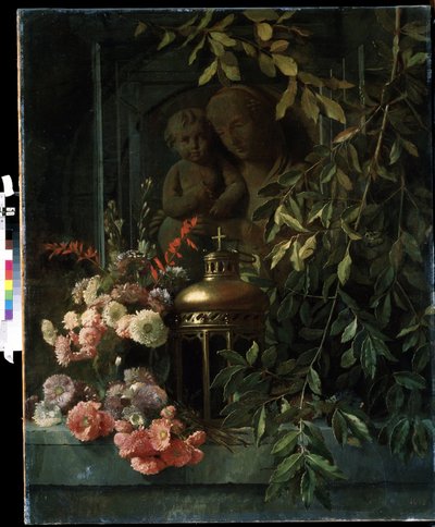 ""Still life"" (Madonna med barn, lykt, blomster (inkludert nellik) Maleri av den franske skolen 1800-tallet. Mikhail Kroshitsky Art Museum, Sevastopol (Sevastopol) Ukraina av French School