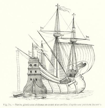 Genuesisk skip med slott forover og akter; etter et maleri fra 1500-tallet (gravering) av French School