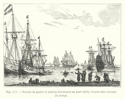 Krigsskip og handelsskip på 1600-tallet; fra et tidstrykk (gravering) av French School