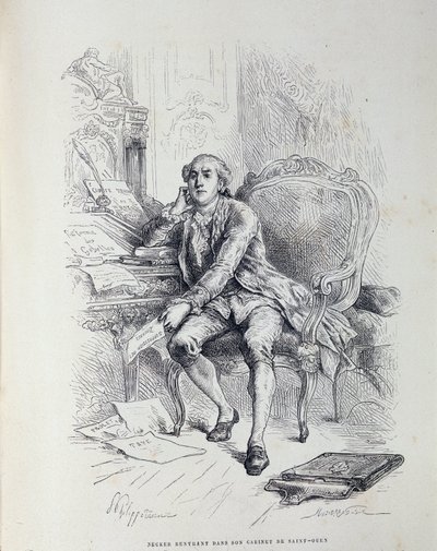 Necker på kontoret sitt i Saint-Ouen, omgitt av notater "Reform of Gabelles", "Taxes", "Abolition of Customs" etc. av French School