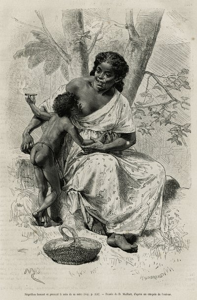 Negillon røyker og tar brystet til sin mor, i Darien-regionen (østlige Panama), graverer etter en tegning av D. Maillart, for å illustrere historien Exploration at the isthms of Panama and Darien, av A. Reclus, skipsløytnant, fra 1876 til 1878 av French School