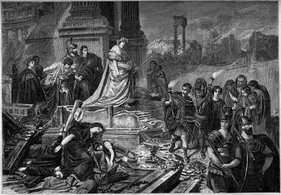 Neron etter brannen i Roma i 64. Gravering etter maleriet av Karl Theodor von Piloty (1826-1886). I "" Le Monde Illustré"" nr. 283 av 13. september 1862. av French School