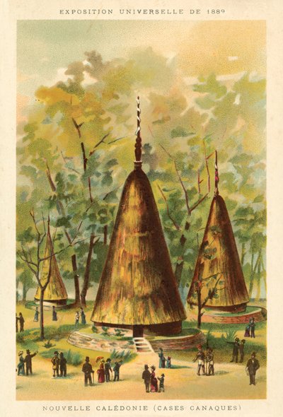 Ny-Caledonia (Kanak-hytter), Exposition Universelle 1889, Paris (chromolitho) av French School
