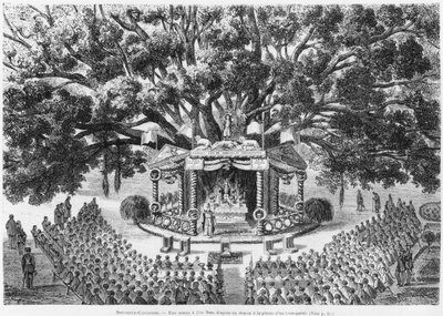 Ny-Caledonia, feirer messe på øya Nou, etter en penn- og blekktegning av en transportert illustrasjon fra bulletinen Les Missions Catholiques, 1875 av French School