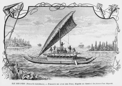 New Caledonia, pirogue of the Isle of Pines, etter en penn- og blekktegning av en deportert, illustrasjon fra bulletinen Les Missions Catholiques, 1893 av French School