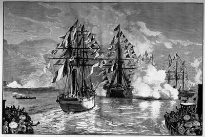 New York: ankomst til havnen i byen av det franske skipet "Isere" som bærer Frihetsgudinnen av Frederic Auguste Bartholdi (1834-1904), 19. juni 1885. Gravering i ""Le Monde Illustre"" av French School