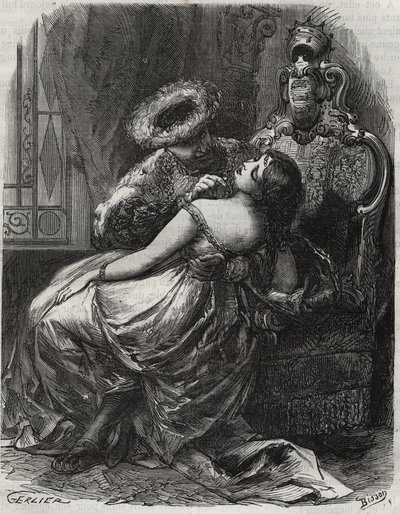 Fin hals! At en bøddel gjerne kuttet ham av! Kong Henry VIII av England (1491-1547) med sin kone, Catherine Parr (1512-1548). Gravering fra 1871 i «Histoire Des Cocus Celebres»» av Henry de Kock (1819-1892). av French School
