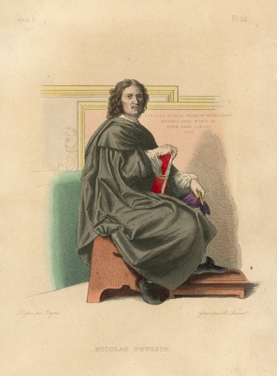 Nicolas Poussin (farget gravering) av French School