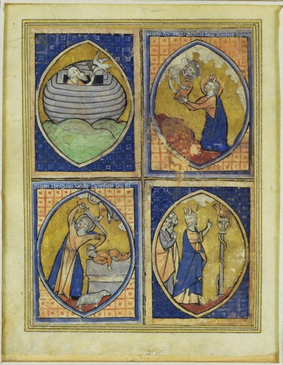 Noah mottar den hvite duen, Moses mottar lovens tabeller, offeret til Abraham, Moses og den brune slangen, sent på 1200-tallet av French School
