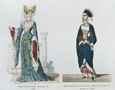 Adelskvinne under Charles VIs regjeringstid, Marguerite de Provence, kone til Louis IX, døde i 1285, fra franske sivile og militære drakter gjennom århundrene av French School