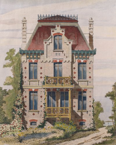 Normannisk villa i Villers sur mer, Normandie, illustrasjon fra Le Moniteur des architectes, 1883 (fargegravering) av French School