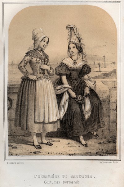 Normans Costumes - arvingen til Caudebec - gravering i "" THE MOUSE OF MY ONCLE MEMORIES AND RECITS OF TRAVELS" av MORING MICHEL - Slutten av 1800-tallet av French School