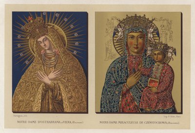 Vår Frue av Ostrabrama i Vilna, Polen; Our Lady Miraculous of Czenstochowa, Polen (chromolitho) av French School