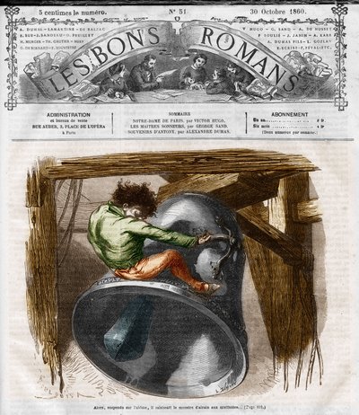 Romanserie: «Notre Dame de Paris» av Victor Hugo (1802-1885). Quasimodo på klokketårnet. Gravering i "" Les bons romances"" av French School