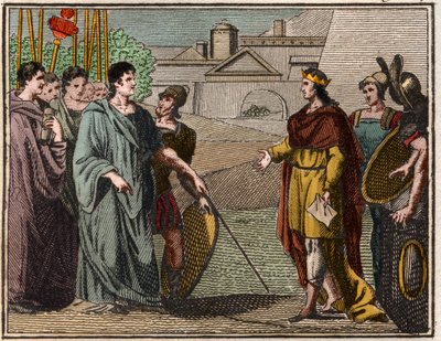 Numa Pompilius, den legendariske andre kongen av Roma, returnerer det hellige skjoldet til prestene på Mars. av French School