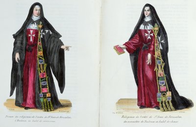 Nonner av St. John-ordenen av Jerusalem, illustrasjon fra History and Costumes of Monastic Orders by Father Helyot, 1842 av French School