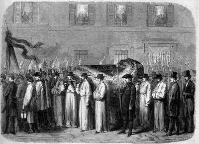 Begräbnis von Jean Baptiste (Giovanni Battista) Niccolini (1782-1861), 21. September 1861: Trauerzug, der die Überreste des italienischen Dichters durch die Straßen von Florenz (Firenze), Italien, trägt. Gravur in „Le Monde Illustré“ Nr. 234 vom 5. Oktober von French School