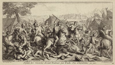 Odo, hertugen av Aquitaine, beseiret umayyadene i slaget ved Toulouse, 721 (gravering) av French School