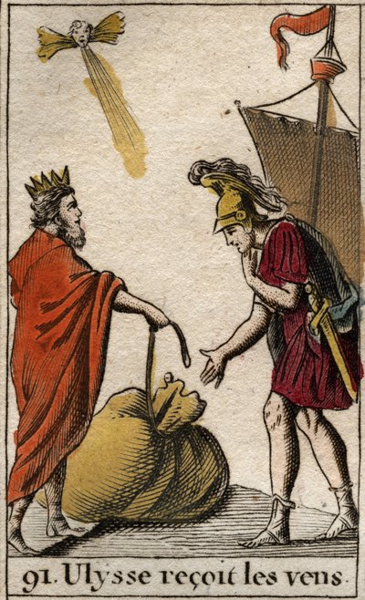 Odyssee of Homere: Eole, kongen av øya Cyclops, donerer til Ulysses posen som inneholder vindene slik at han kan få dem til å fungere for sine egne. (Homer's Odyssey: Aeolus, kongen av øya Kyklopen gir Odysseus en pose som inneholder vindene mulig av French School