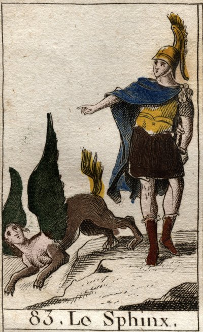 Ødipus løser gåten om sfinksen som kaster seg fra den høye steinen hennes. Fra "Mythology of Youth" av Pierre Blanchard 1803. av French School
