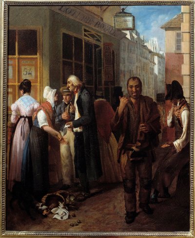 Kontoret til det kongelige lotteriet under restaurering av anonymt maleri fra 1800-tallet. Sol. 0,61x0,51 m Paris, musee Carnavalet av French School