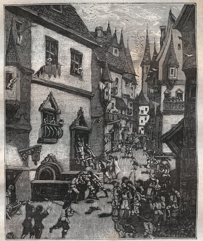 Den 20. mai 1636 ble åtte falskmyntere arrestert i rue Champfleuri av to politikommissærer akkompagnert av et dusin sersjanter - i "Paris a travers les siecles"" av Nicolas Jules Henri Gourdon de Genouillac (1826-1898) av French School