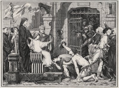 On the occasion of his future (1227), the young Louis IX made prisoners delivate - engraving in “Les Hommes Celebres de la France” by Louis Dumas 1889 av French School