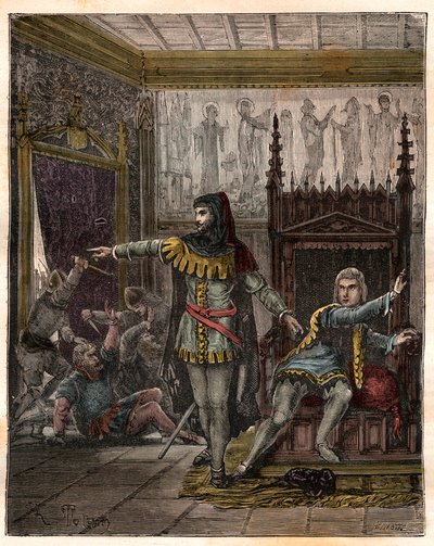 Hundre års krig: "" Delfinen Charles (den gang Charles V) (1338-1380) (den første delfinen i Frankrike) og Etienne Marcel (1302/1310-1358) som myrdet to ministre (marechaux) Robert de Clermont og Jean de Konflans i rommet til den franske delfinen kl av French School