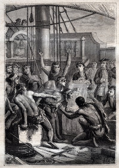 Bare et speil hadde gaven til å vekke deres forbauselse: Samuel Wallis' reise (1728-1795) i Polynesia - indigenes etonnes ved et speil - illustrasjon hentet fra "The Great Mariners of the 18th century" av French School