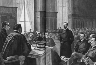 Åpning av saksbehandlingen til League of Patriotes i 1889. President Gillet, Naquet, Laisant, Laguerre, Deroulede, Richard, Turquet, Gallian. av French School