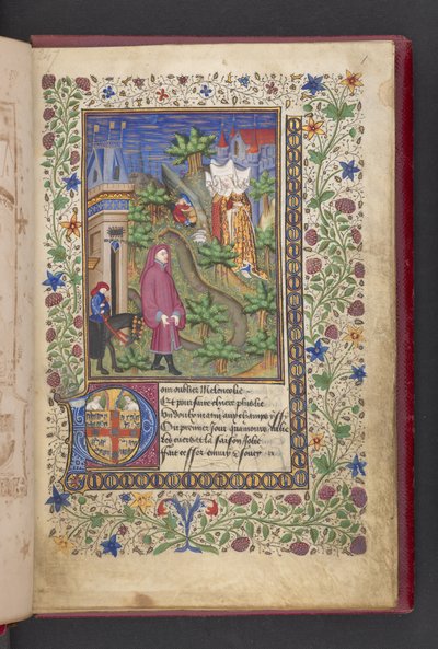 Åpningsside. En herre i et landskap, etterfulgt av en annen på hest, med tre damer.  Le livre des quatre dames; av Alain Chartier. Le livre des quatre damer; av Alain Chartier.  Chartier, Alain, Uspesifisert, sekretær for Charles V av French School