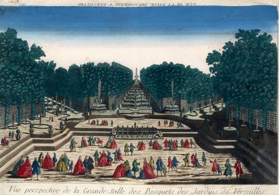Optisk visning: Perspektiv utsikt over den store hallen i lundene i Versailles hager. Gravering fra 1700-tallet. av French School