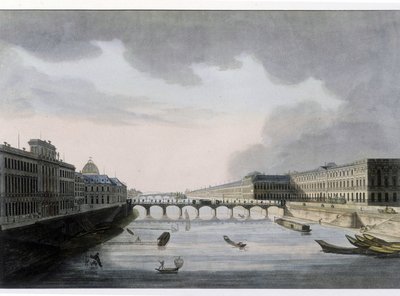 Optisk utsikt over Paris: Pont des Arts rundt 1810, byen Paris. av French School