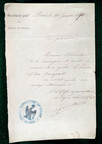 Ordre om fengsling til conciergen til prins Pierre Bonaparte (1815-1881) 10. januar av French School