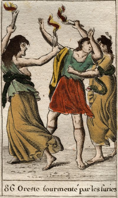Orestes pursued by the Erinyes (or Furies) for revenging the death of his father Agamemnon by killing his mother Clytemnestra). From “Mythology of Youth” by Pierre Blanchard 1803. av French School