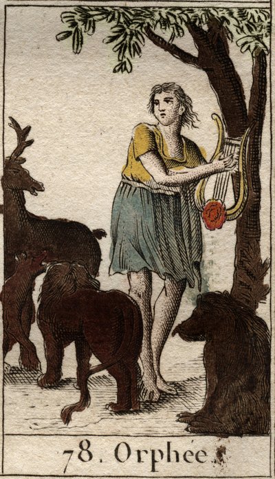 Orpheus sjarmerer de ville dyrene ved å spille sin lyre fra "Mythologie de la jeunesse" av Pierre Blanchard 1803. av French School