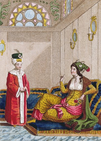 Ottomansk kronprins med sin favoritt-sultana, ca. 1813 (fargegravering) av French School