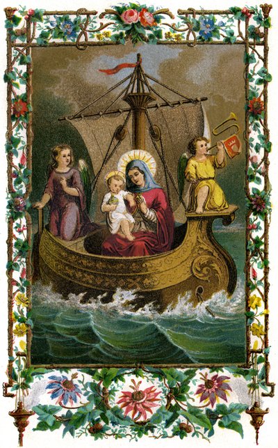 Vår Frue av Boulogne, den hellige jomfru Maria og Jesusbarnet (Kristus) i en båt på sjøen av French School