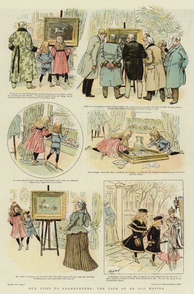 Vårt besøk hos bestefar, historien om en gammel mester (farge litho) av French School
