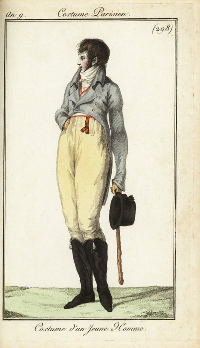 Antrekk til en ung mann eller Incroyable, mai 1801 (håndfarget kobberstikk) av French School