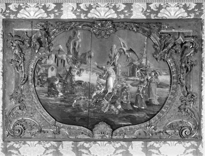 Overdørspanel med kinesisk emne, ca. 1730 (polykrom og forgylt tre) av French School