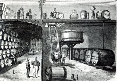 P. Morel og F. Souzac kjellere og verksteder i Bordeaux fra Le Monde Illustre, 1864 av French School