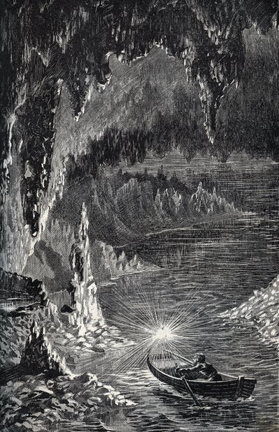 Padirac-grotten i Lot-avdelingen, i Frankrike - Underjordisk elv - Gouffre de Padirac - i Lot i Frankrike - gravering i "" PATRIE" - PIKKEBESKRIVELSE AV FRANKRIKE I 6 BIND AV LUCIEN HUARD - slutten av 1800-tallet av French School