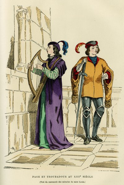 Sidedrakter og trubadur på 1200-tallet. Fargegravering etter en tegning av manuskriptet til Saint Louis mirakler (Louis IX 1214-1270), i «France et les francais à travers les centuries» av Augustin Challamel, F.Roy-redaktør, Paris 1882. S av French School