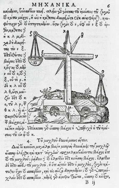 Side fra Mhxanika, reproduksjon av gresk manuskript av Aristoteles (384-322 f.Kr.), utgitt i Paris av French School
