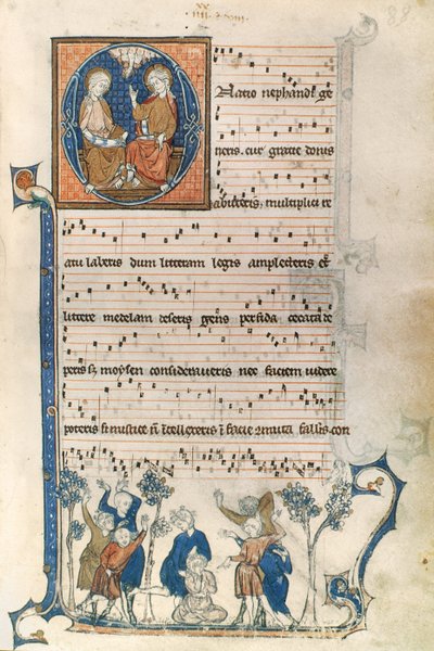 Side fra et manuskript for en parisisk sanger, med illustrasjoner av den hellige treenighet og spillet Blind Mans Bluff, ca. 1280-1315 av French School