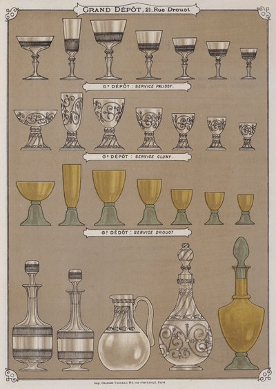 Side fra katalogen til Grand Depot de Porcelaines, Faiences et Verreries (farge litho) av French School