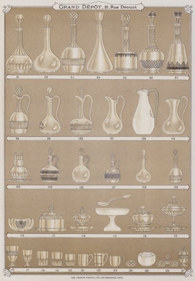 Side fra katalogen til Grand Depot de Porcelaines, Faiences et Verreries (farge litho) av French School
