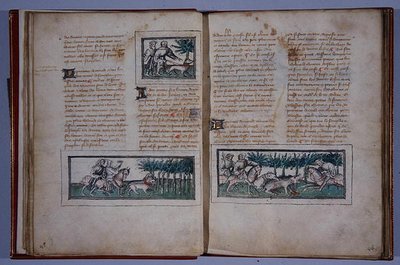 Side 57 og 58, fra Le Livre du Roy Modus et de la Royne Racio, av Henri de Ferrieres, ca. 1420 (penn og blekk og wc på papir) av French School
