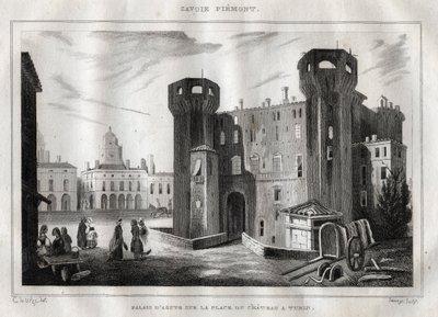 Palace of Aosta on the Place du Chateau in Turin - Engraving from “” Italy Picturesque”” - Historical and Descriptive Painting of Italy” by M. de Norvins, Ch. Nodier 1834-1836. av French School
